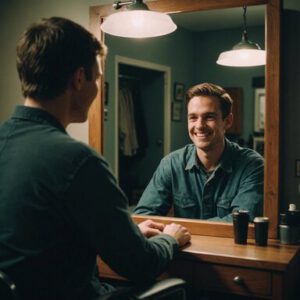 After accepting a disability, a man looking at himself in the mirror, smiling