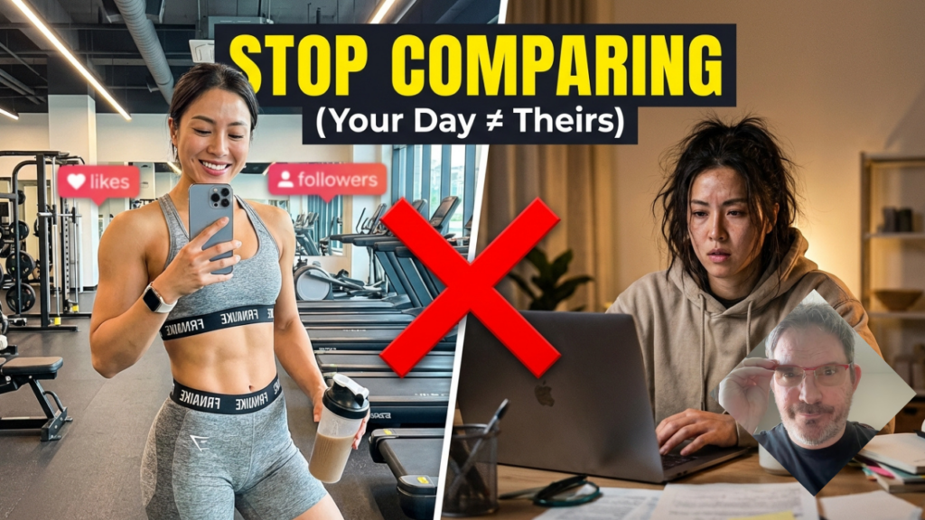 STOP COMPARING (Your Day ≠ Theirs). Woman in gym vs. woman working at home.