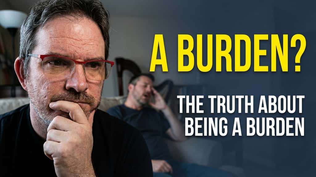 a worried man holding his chin with a blurred partner in the background on a sofa holding his head due to fatigue.