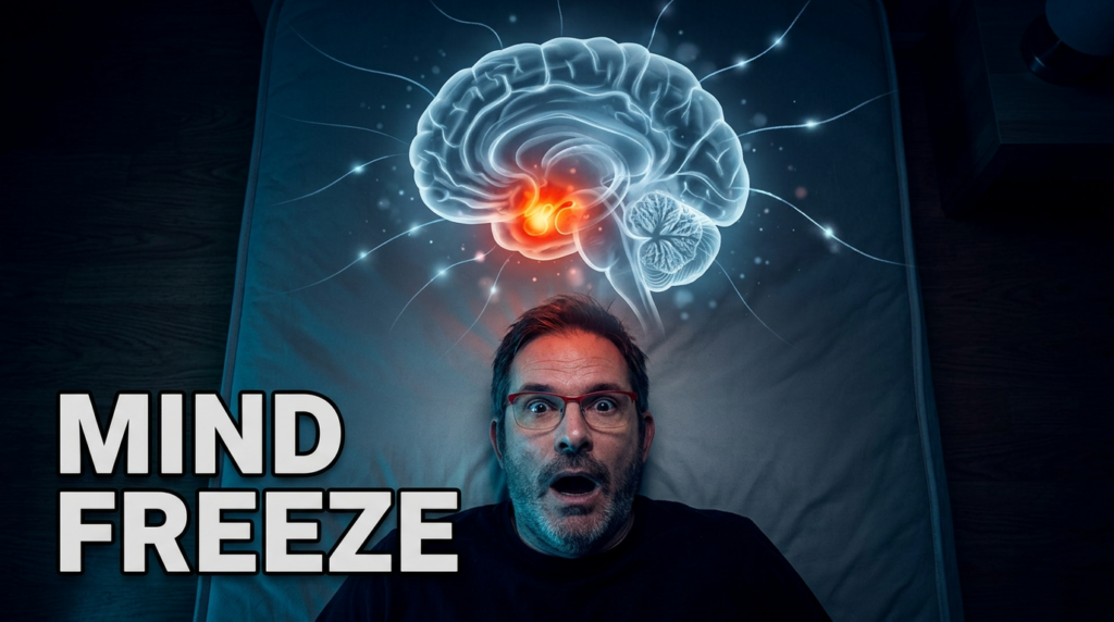 Etienne's head on a pillow with a stunned expression and the image of a brain x-ray on the pillow with the amygdala lit up in red