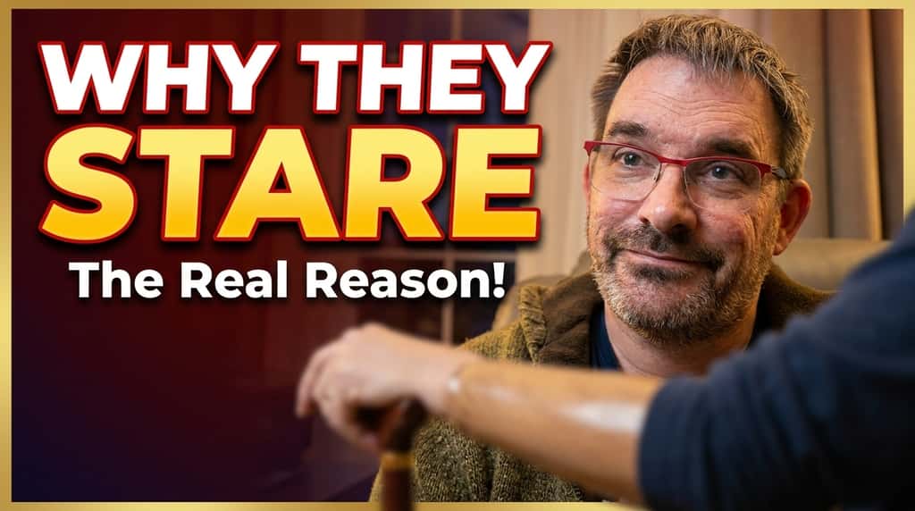 and an over-the-shoulder shot of Etienne with text "Why they stare : the real reason!"