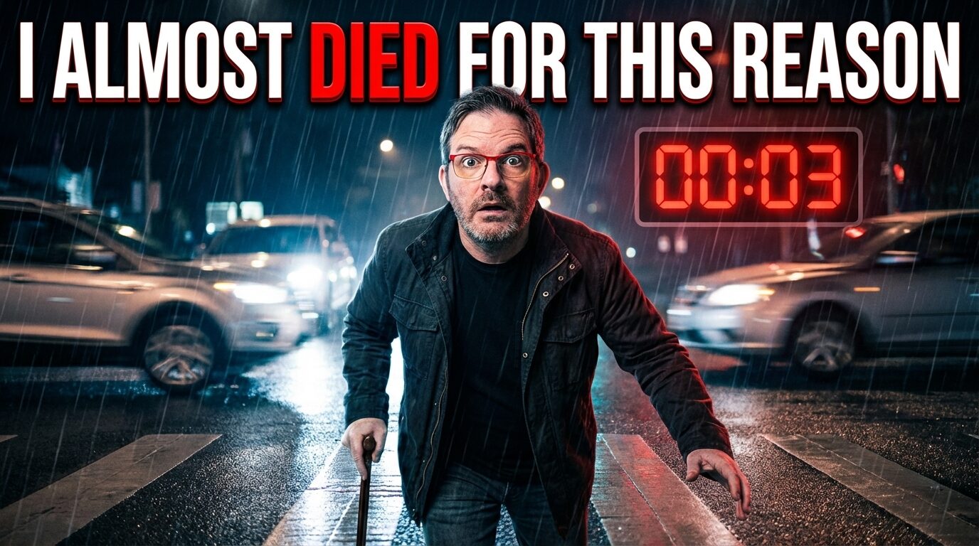 A man iwith his cann the middle of a crosswalk with cars cominig with an expression of deer in headlights, a red timer marking 0:03 seconds and "I Almost Died For This, in big letters above"