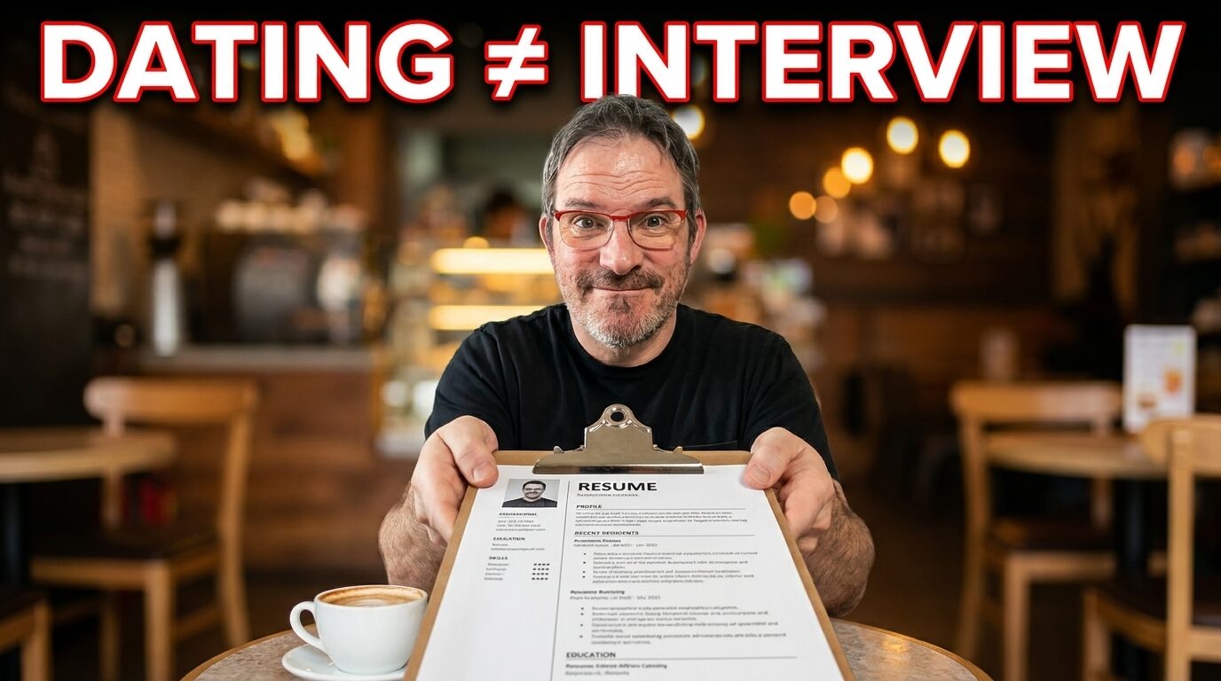 Man depicted at a small cafe table with a cup of coffee, but instead of looking relaxed, wearing an overly stiff nervous inquisitive smile, holding out a literal clipboard with a resume on it toward the camera (as if the viewer is the date).