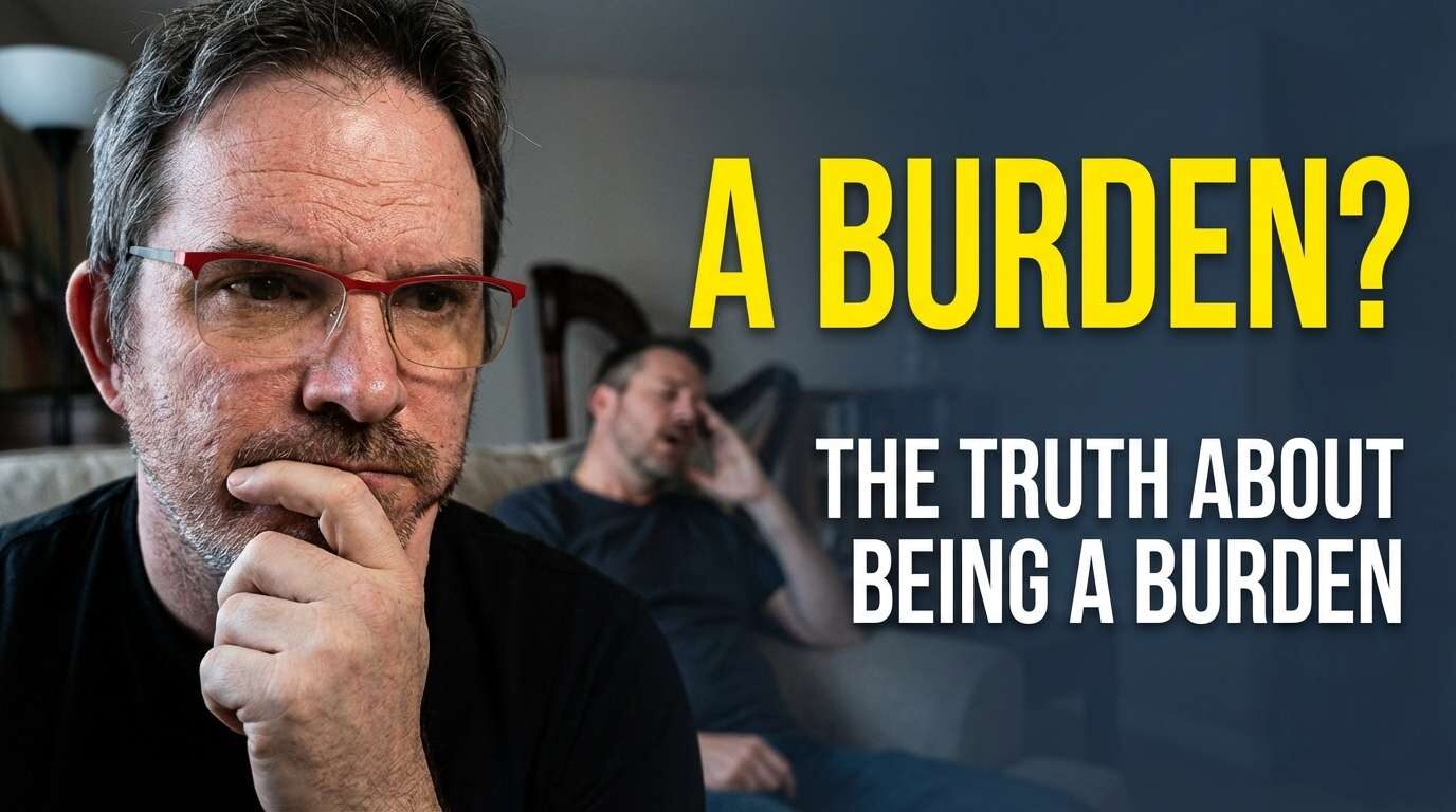 a worried man holding his chin with a blurred partner in the background on a sofa holding his head due to fatigue.