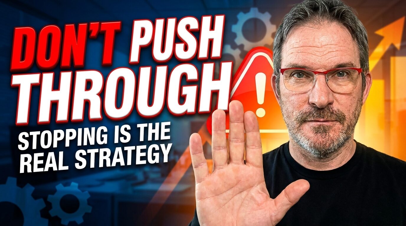 Etienne making a stop gesture with the hand with cogwheels in the background and text saying : "Don't push through, stopping is thereal strategy"